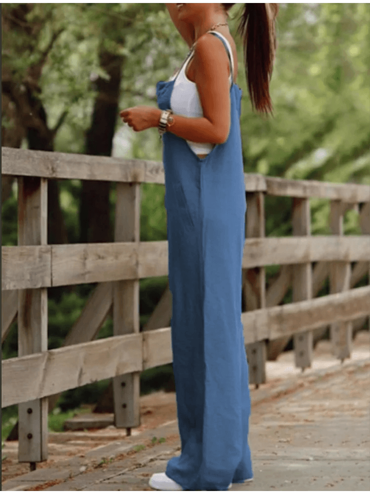 Women's Sleeveless Jumpsuit with Suspender Loose Casual Pocket Monochromatic Summer - AIAZ