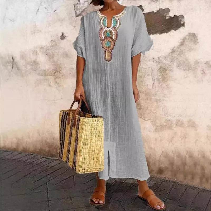 Boho Vintage Embroidered Cotton Linen Long Dresses Women Summer 2025 New V Neck Split Hem White Dress Beach Party Dress Robe - AIAZ