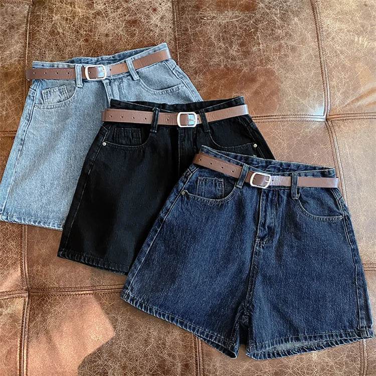 Denim shorts women's summer new trendy Instagram high waist simple slimming loose wide leg versatile A-line hot pants - AIAZ