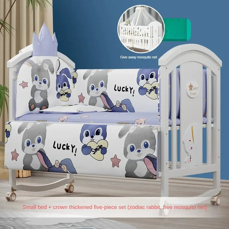 Solid wood spliced crib Multifunctional European style children's bed Movable newborn cradle large bed Baby Rest Chair