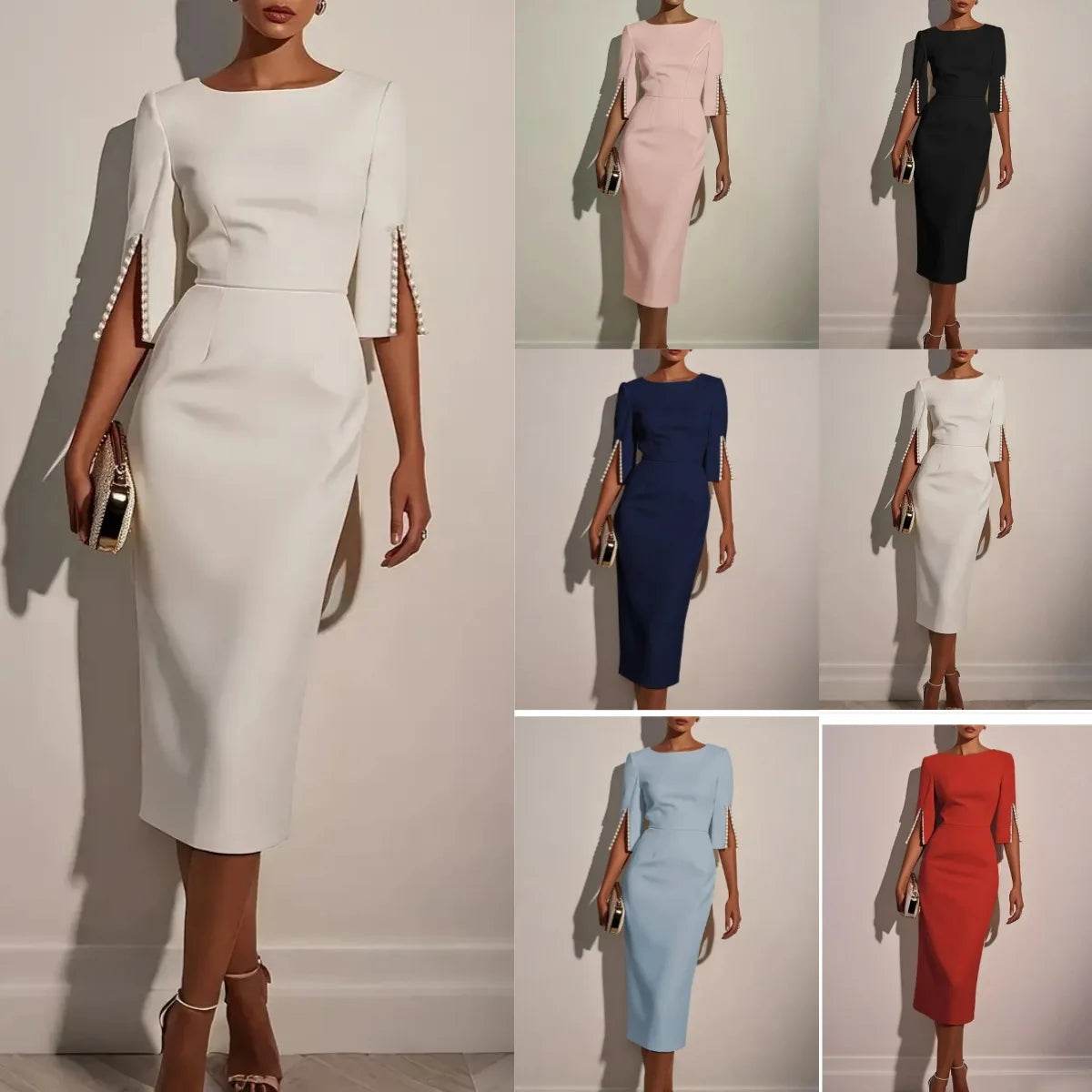 2025 Dress for Women Fashion Comfortable Office Solid Color Commuter Bead Slim and Elegant Evening Party Dress - AIAZ