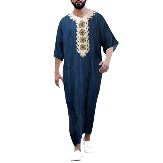 Muslim Men'S Clothing Hand-Embroidered Loose Breathable Summer Fashion Loose Robe Dubai Luxury V-Neck Short Sleeve Printing - AIAZ