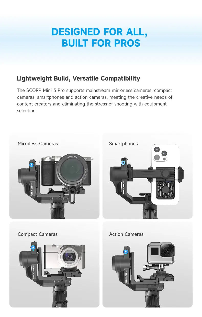 FeiyuTech SCORP Mini 3 Pro Gimbal with Detachable Remote Handle & AI 4.0 Tracking for Mirrorless, Action Camera & Smartphones