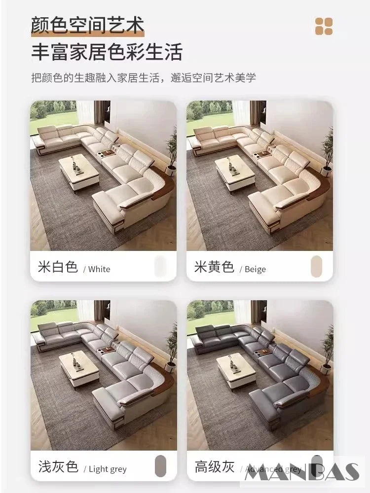 MINGDIBAO Premium Italian Genuine Leather Sofa Set for Living Room with Adjustable Headrests and Built-in Bluetooth Speaker, USB