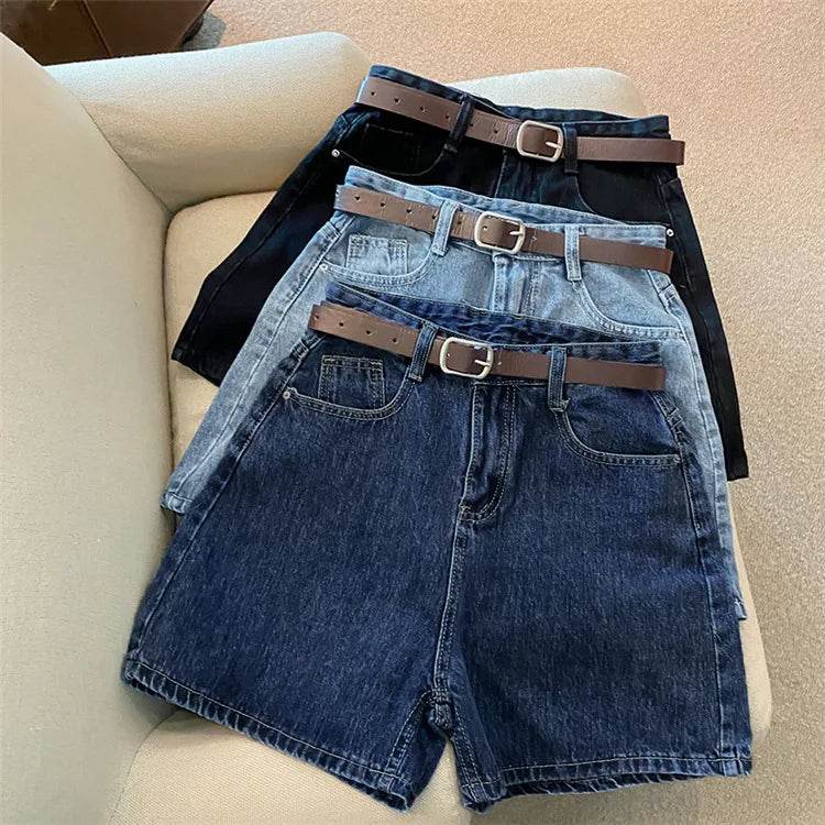 Denim shorts women's summer new trendy Instagram high waist simple slimming loose wide leg versatile A-line hot pants - AIAZ