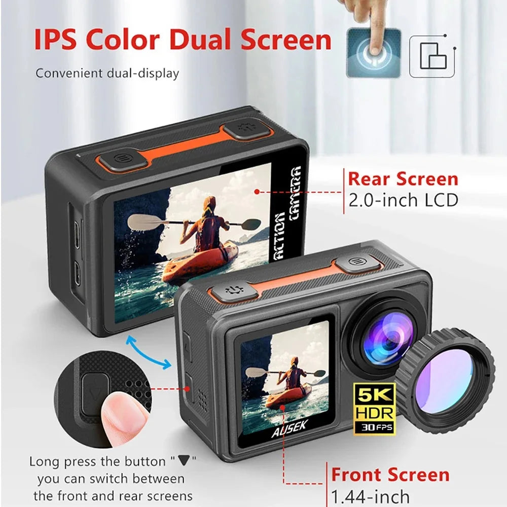 2" IPS Dual Screen Action Camera 5K 30FPS  4K 60FPS 48MP EIS Video With Optional Filter Lens 1080P Webcam Vlog WiFi Sports Cam