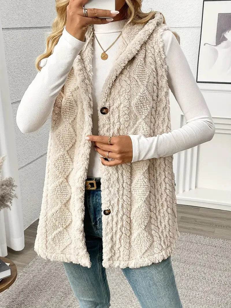 VigoCasey 2025 Casual Sleeveless Thick Vest Coat Woman Solid Hooded Warm Plush Waistcoat Lady Autumn Winter Apricot Vest Jacket - AIAZ