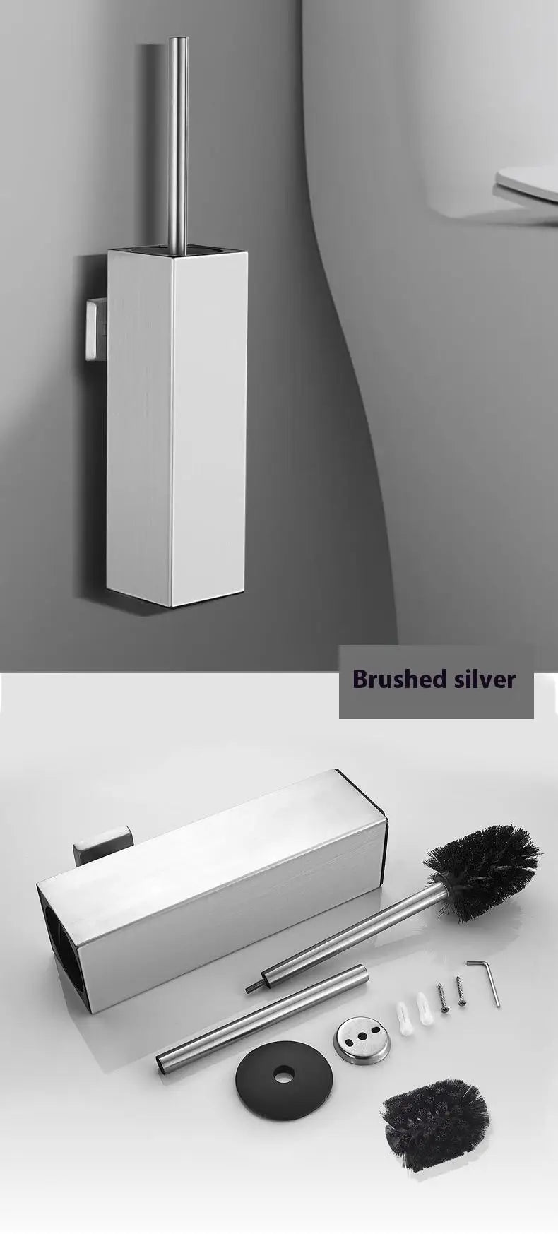 Square toilet brush, 304 stainless steel floor-mounted toilet brush, bathroom toilet punch odor-proof long tube wall-mounted