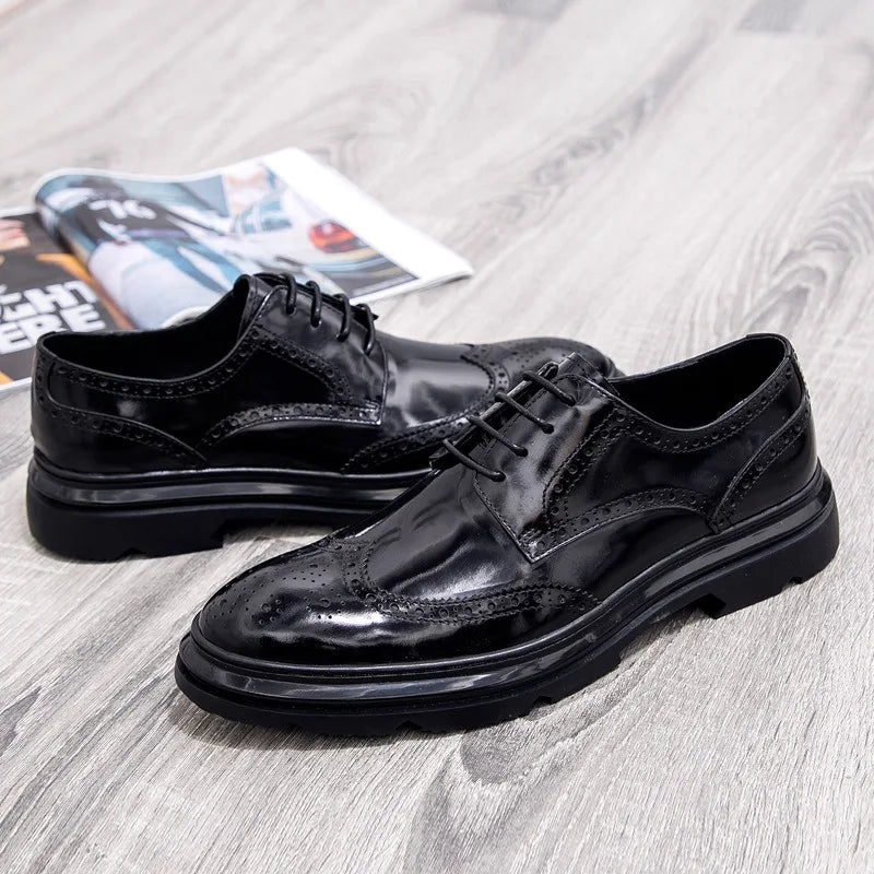 Mens Leather Dress Shoes Brogue Design Business Casual Shoes Spring Fashion Thick Sole Oxfords