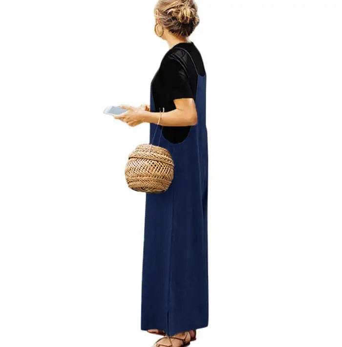 Women Straps Jumpsuit Summer Solid Color Wide Leg Pants Dungaree Bib Overalls Casual Loose Sleeveless Cotton Linen Jumpsuits 5Xl - AIAZ