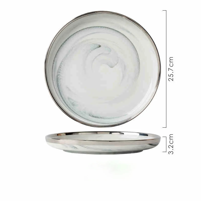 Light Luxury Ceramic Tableware Set Marble Fish Plates With Silver Rim Household Hotel LArge Capacity Soup Bowl Deep Plates