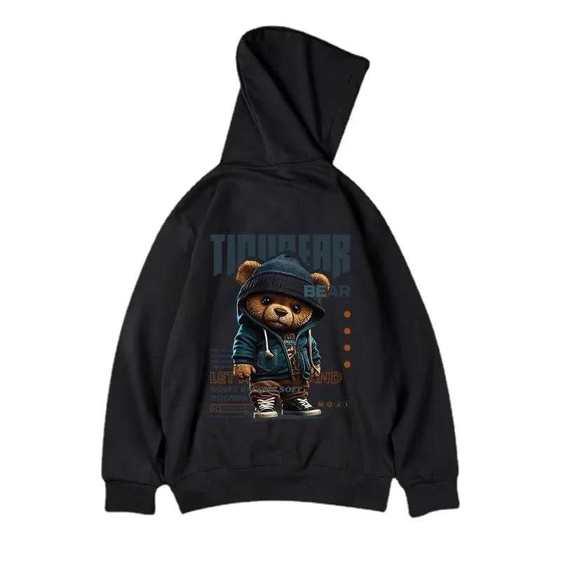 M-8XL American Style Street Cool Brown Bear Print Oversized Hoodie Loose Hoodie Student's Large Soft Velvet Hooded Sweater - AIAZ