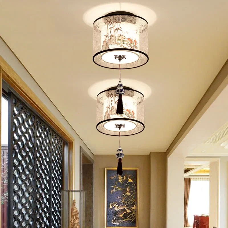 New Chinese Chandelier Lustre Ceiling Lamp Simple Corridor Chinese Painting Ceiling Lights Creative Suspendu Lotus Led Lighting