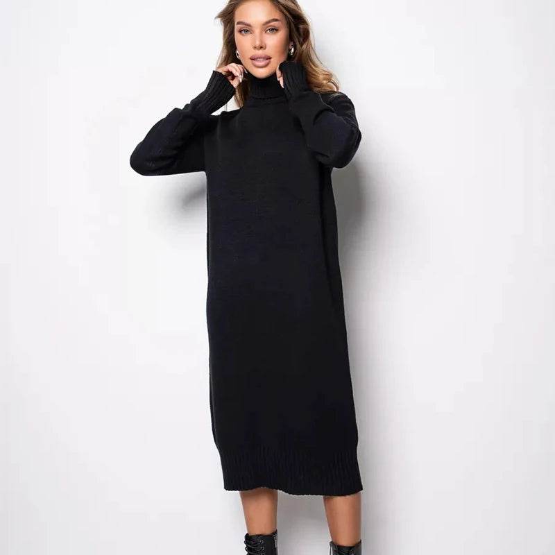 Ribbed Turtleneck Knitted Dress Women Autumn Winter Basic Long Sleeve Sweater Dress Woman Solid Color Long Dresses Female - AIAZ