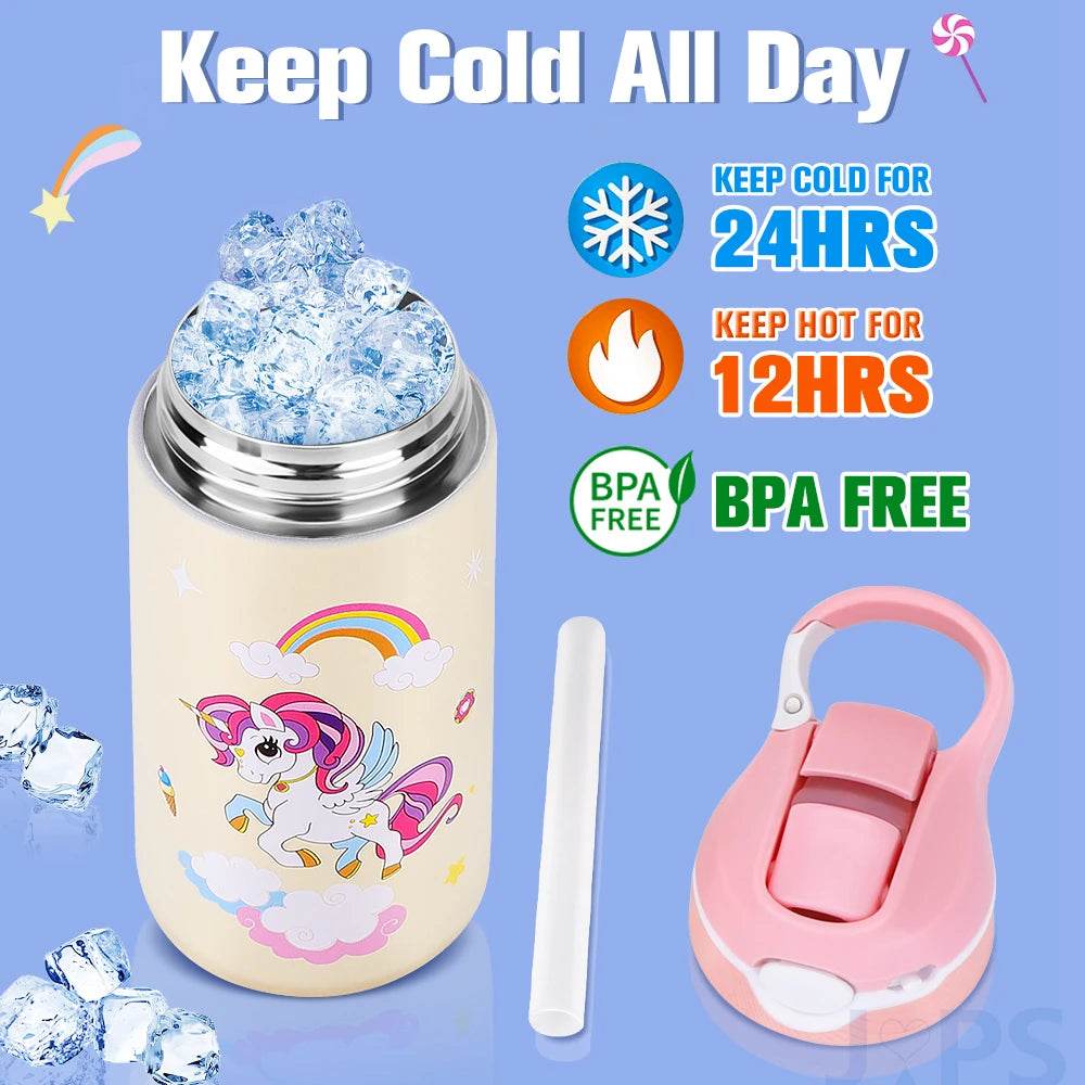 400ML Water Bottle for Children,Thermos With Cute Pattern,Children Thermal Bottle , School Kids Water Bottle With Straw BPA Free - AIAZ