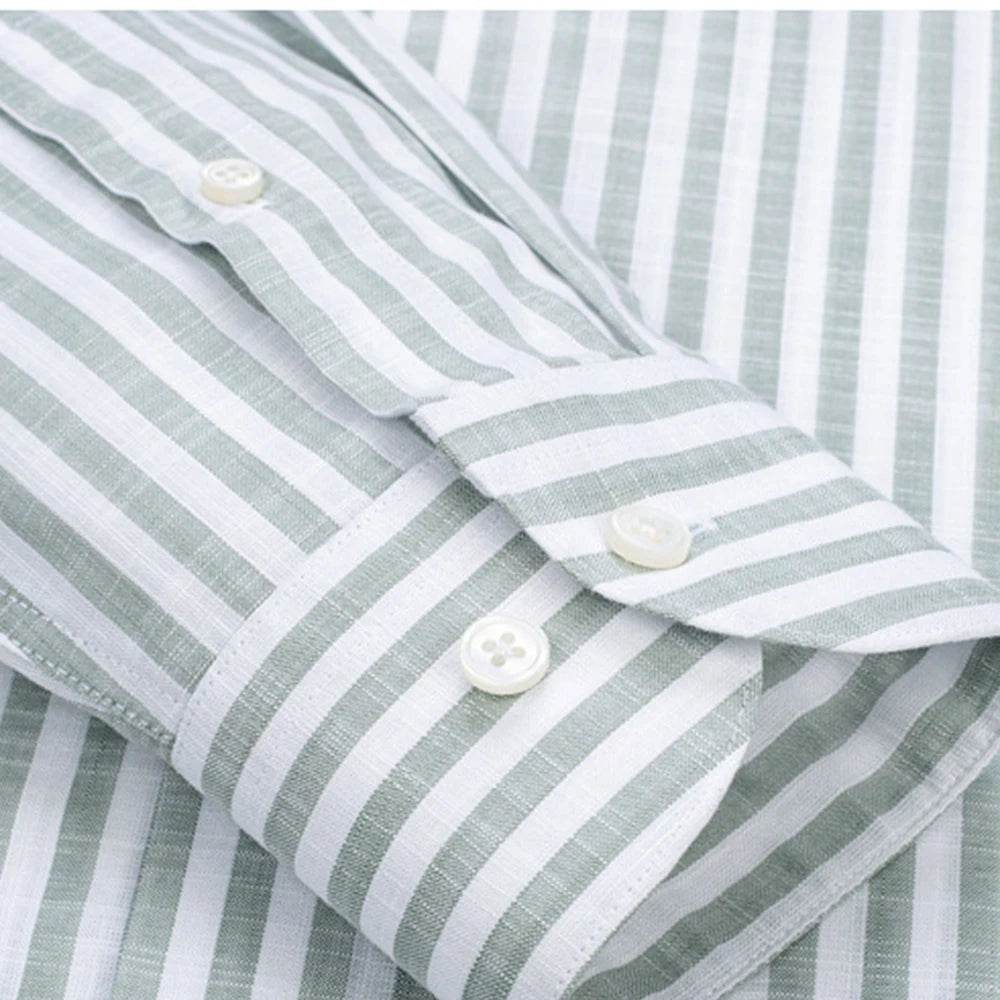 2025 Luxury Linen-Like Shirts Man Shirts Green Striped Shirts For Man Wrinkle Resistant Formal Shirt Luxury Designer Clothes Man - AIAZ