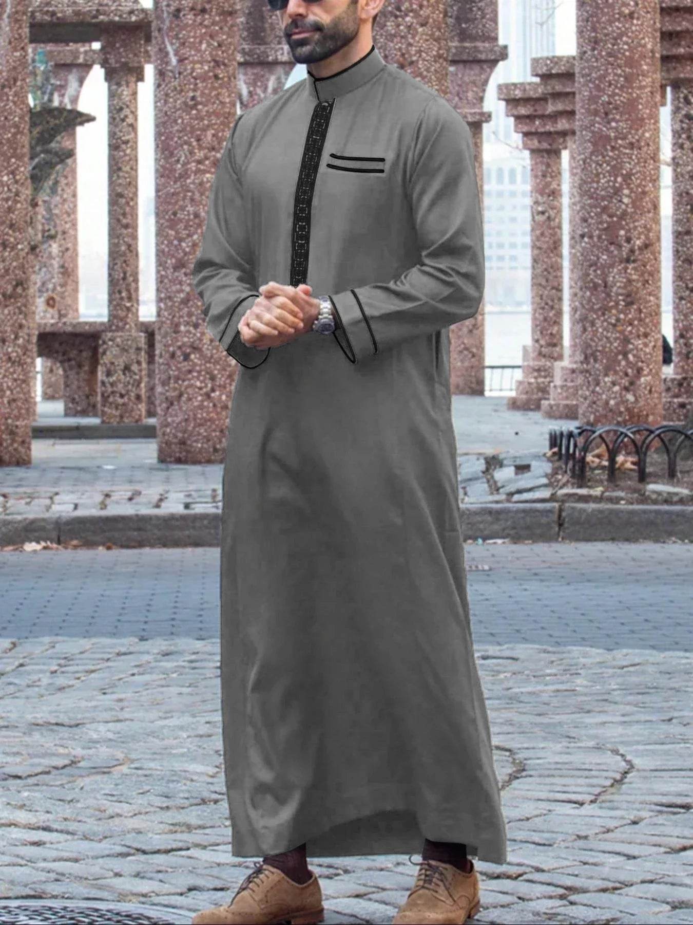 Muslim men's robe long-sleeved ethnic style embroidered stand collar Arabic clothing men's Islamic casual robe - AIAZ
