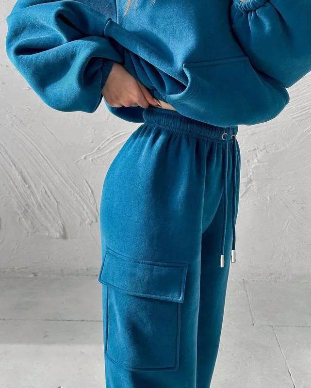 Hoodies Suit Winter Autumn Solid Casual Tracksuit Women Fleece 2 Pieces Set Sports Sweatshirts Pullover Jogger Sweatpants Outfit - AIAZ