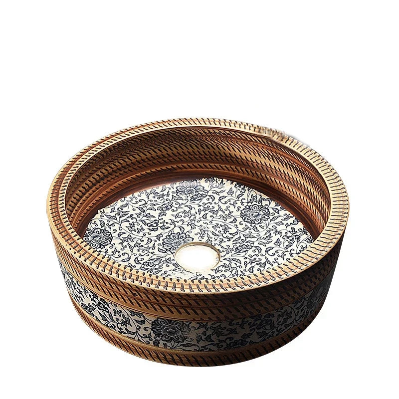 41*41*14cm European style Ceramic Washbasin Retro Printing Bathroom Sink Countertop Round Bowl Basin with Hardware Faucet Set