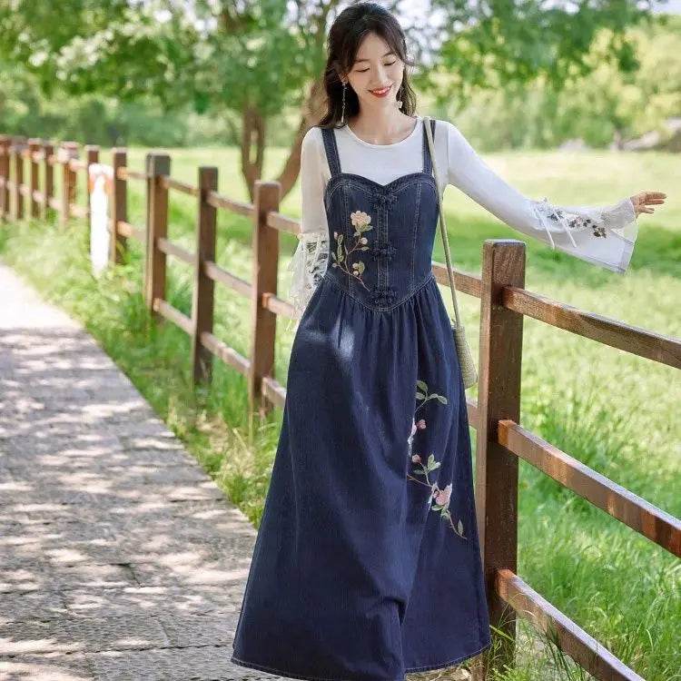 Embroidered Denim Dress For Women Spring Summer 2025 New Retro Versatile Waist Closure Long Denim Strap Dress Mujer Vestidos - AIAZ