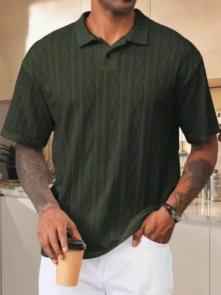 Men's 2025 retro loose texture knitted polo shirt with a lapel breathable high street casual fashion and comfortable short-sleev - AIAZ