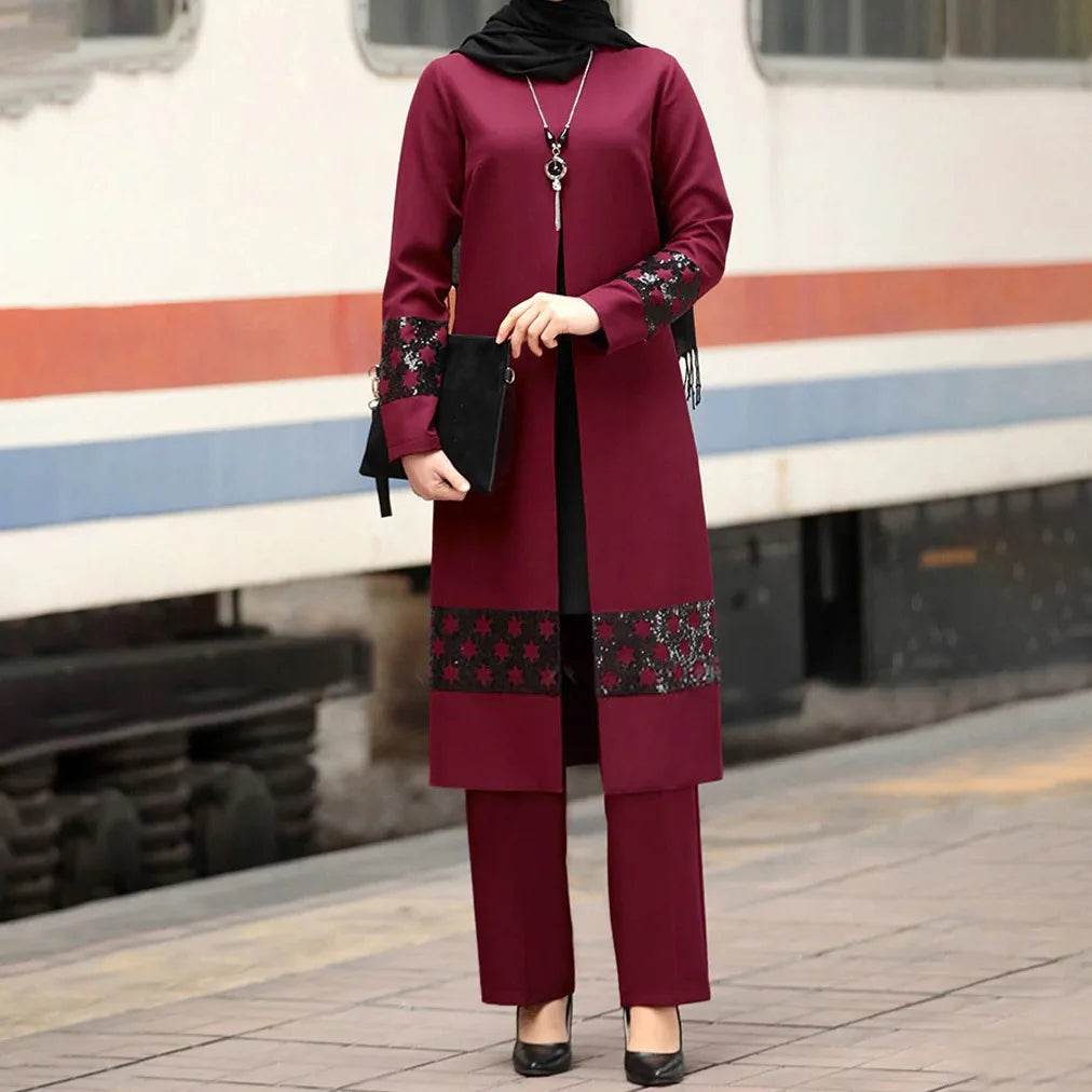 Islamic Ramadan Eid Muslim Dress Women 2 Piece Corset Suit Shirt Wide Leg Pants Dubai Abaya Lace Up Solid Color Kaftan Clothing - AIAZ