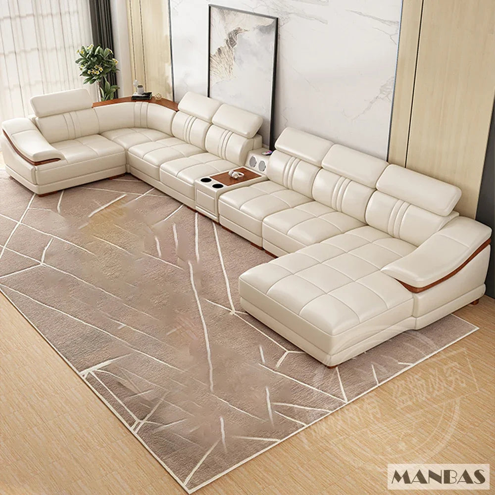 Elegant Leather Sectional Sofas Sets with Cup Holder, Adjustable Headrests & Bluetooth Speaker - MINGDIBAO Living Room Couches