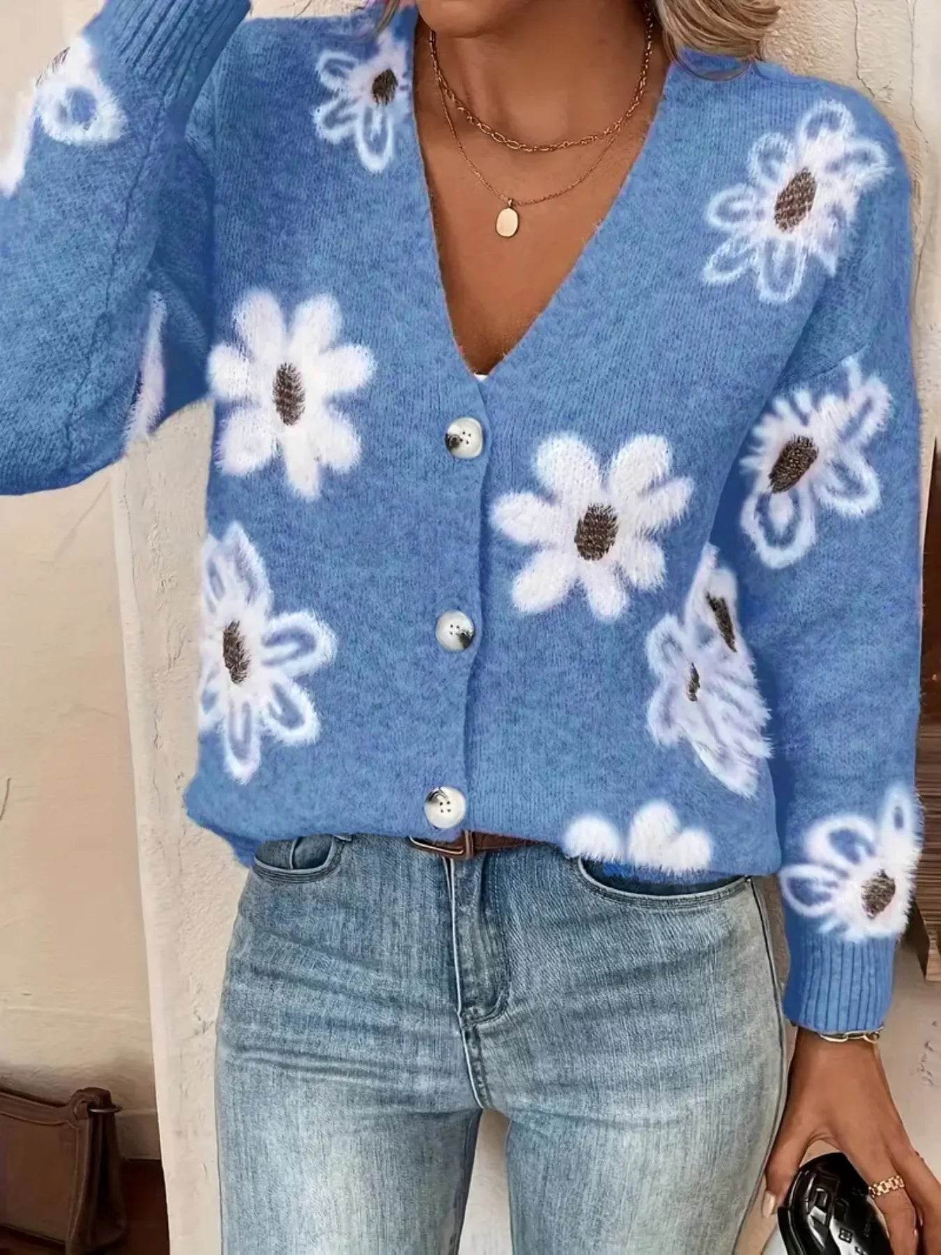 Women's Cardigan Floral Pattern Casual Knit Sweater Elegant Cute Single Breasted Long Sleeve V-Neck Spring Autumn Outwear - AIAZ