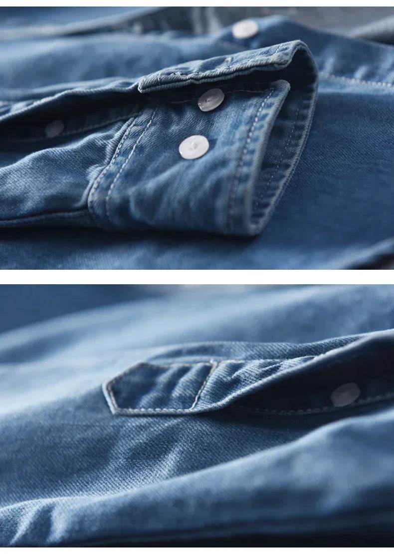100% Cotton Autumn New Long-sleeved Denim Shirt Men Fashion Casual High Street Male Clothes Top Classic Light Blue Black Gray - AIAZ