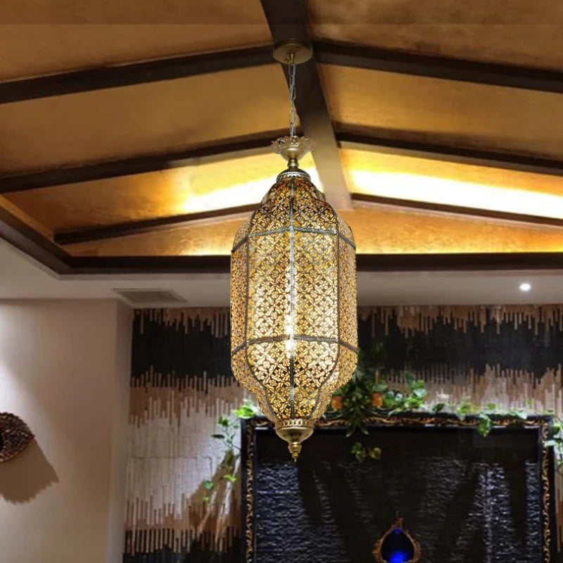 Vintage Antique Hollow Carving Pendant Lamp Southeast Asia Moroccan Golden Hanging Light Restaurant Bar Industrial Pendant Light
