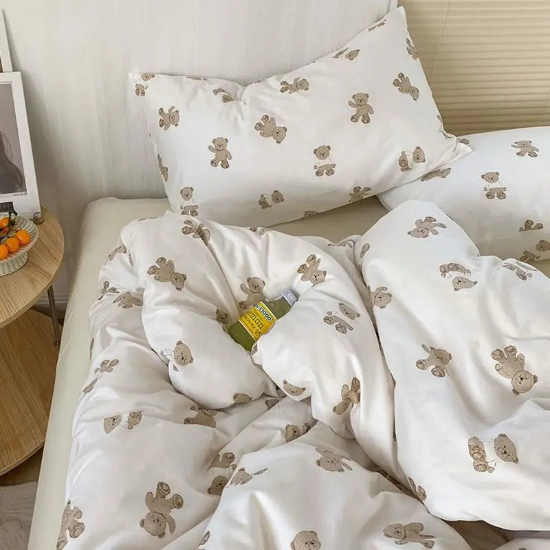 Cute Bear Duvet Cover Set with Zipper Pink Heart Bed Sheet Pillowcases No Filler Twin Queen Size Girls Boys Gift Bedding Set