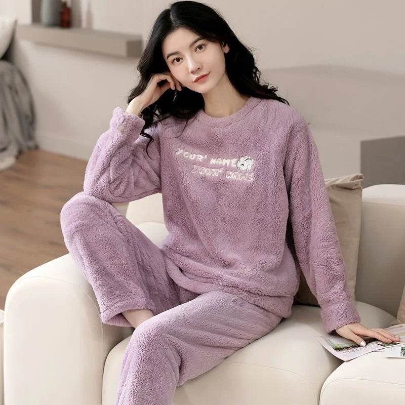 Women Pajamas Autumn Winter Flannel Warm Woman Sleepwear Korean cute Cartoon Pajama Set Fashion Pijama Mujer Home Cloth Pyjamas - AIAZ