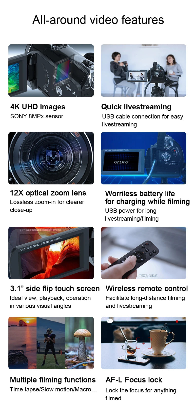 Live Streaming Camera 4K Digital Camcorder Ordro AC5PLUS 12X Optical Zoom for YouTube Vlog Church Wedding Videos Home Use