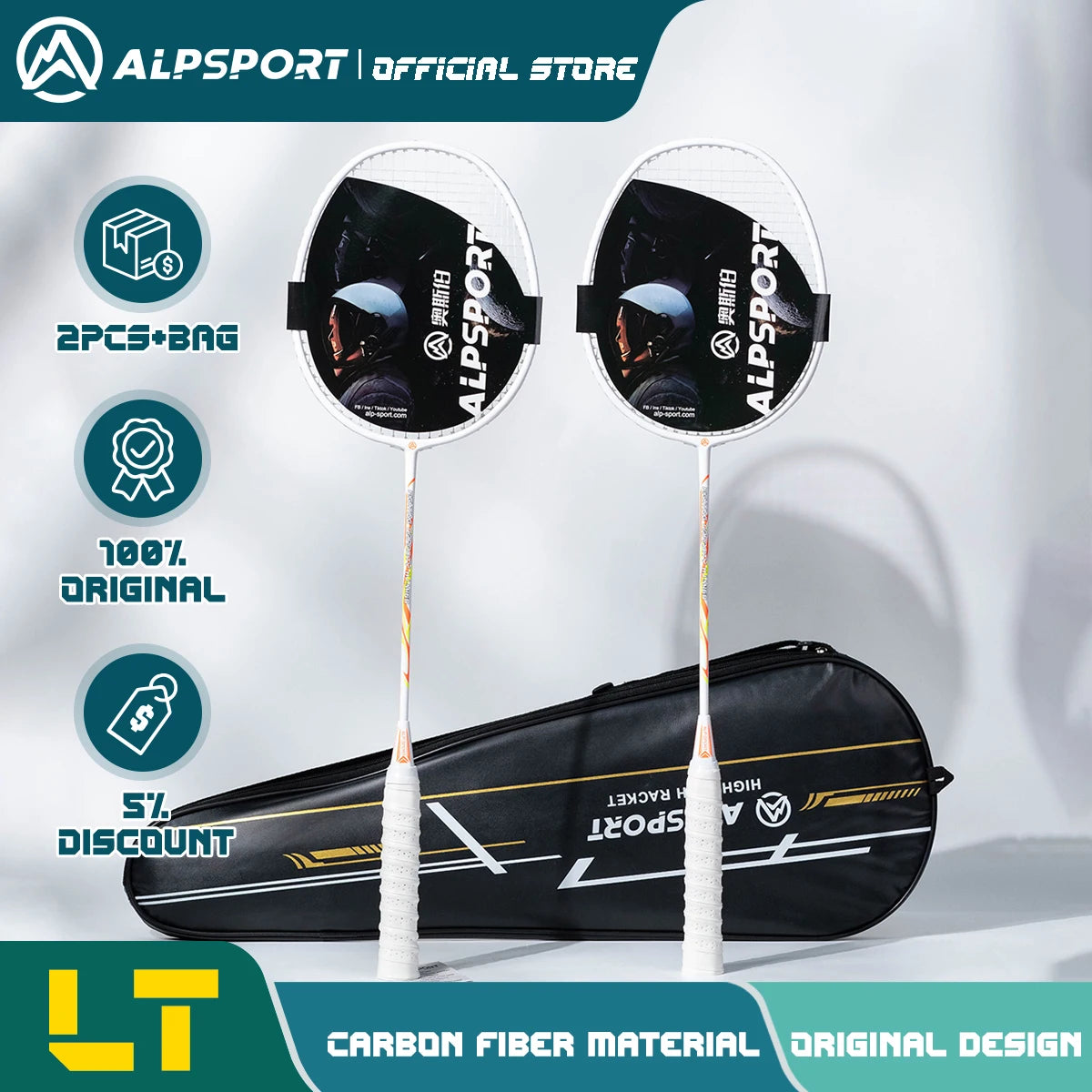 ALP LT 2Pcs/lot 100% Carbon Fiber Elastic 4U 30Lbs Racket Offensive and Defensive Professional Badminton Racket With Bag