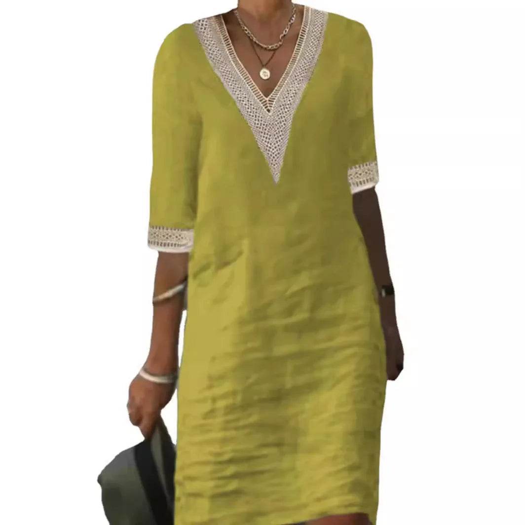 Women's Casual Midi Dresses 2025 Spring/summer Lace Cotton Linen White Dress Robes Vestido Branco Vestidos Vestidos De Mujer - AIAZ