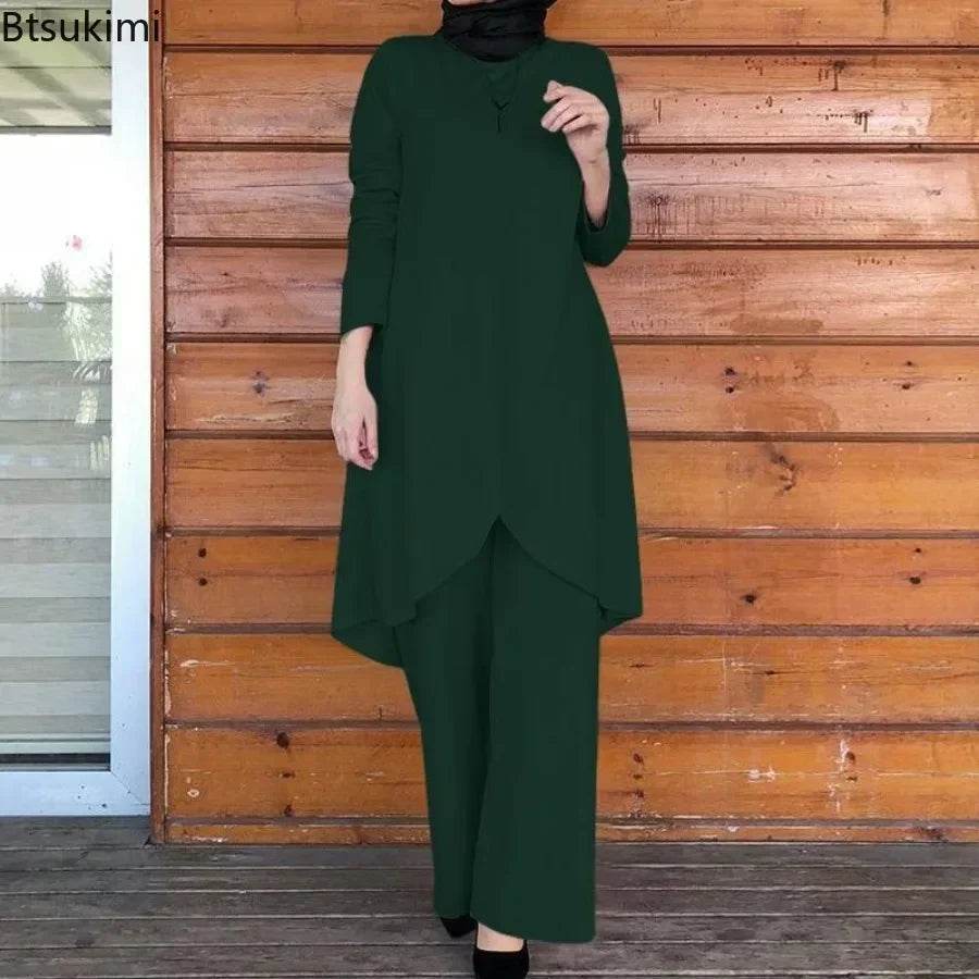2025 Women's Muslim Sets Fashion Asymmetrical Blouse with Wide Leg Pants Casual Suits Dubai Turkey Matching Sets Ladies Outfits - AIAZ