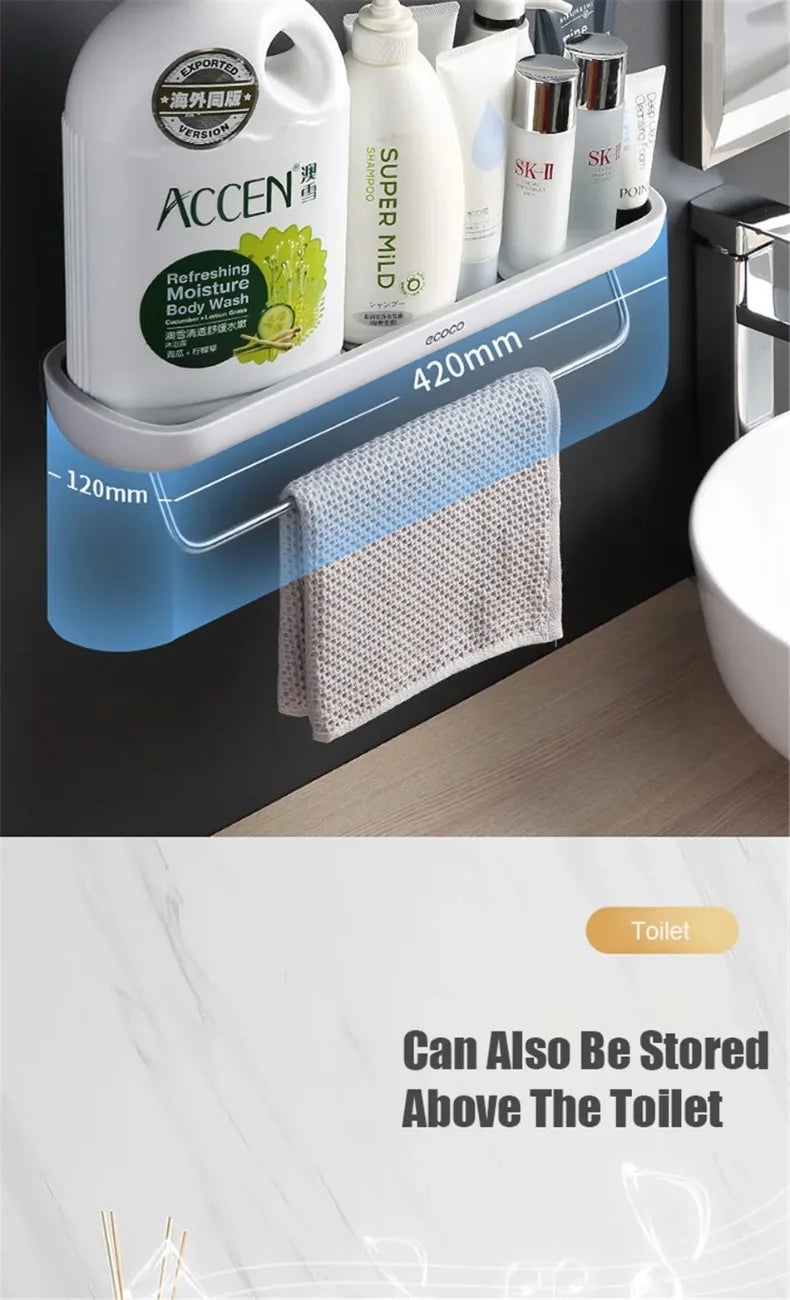 ECOCO Bathroom Shelves Organizer Storage Rack Wall Mount Towel Shelf Shampoo Rack with Towel Bar Rack Kitchen Accessories