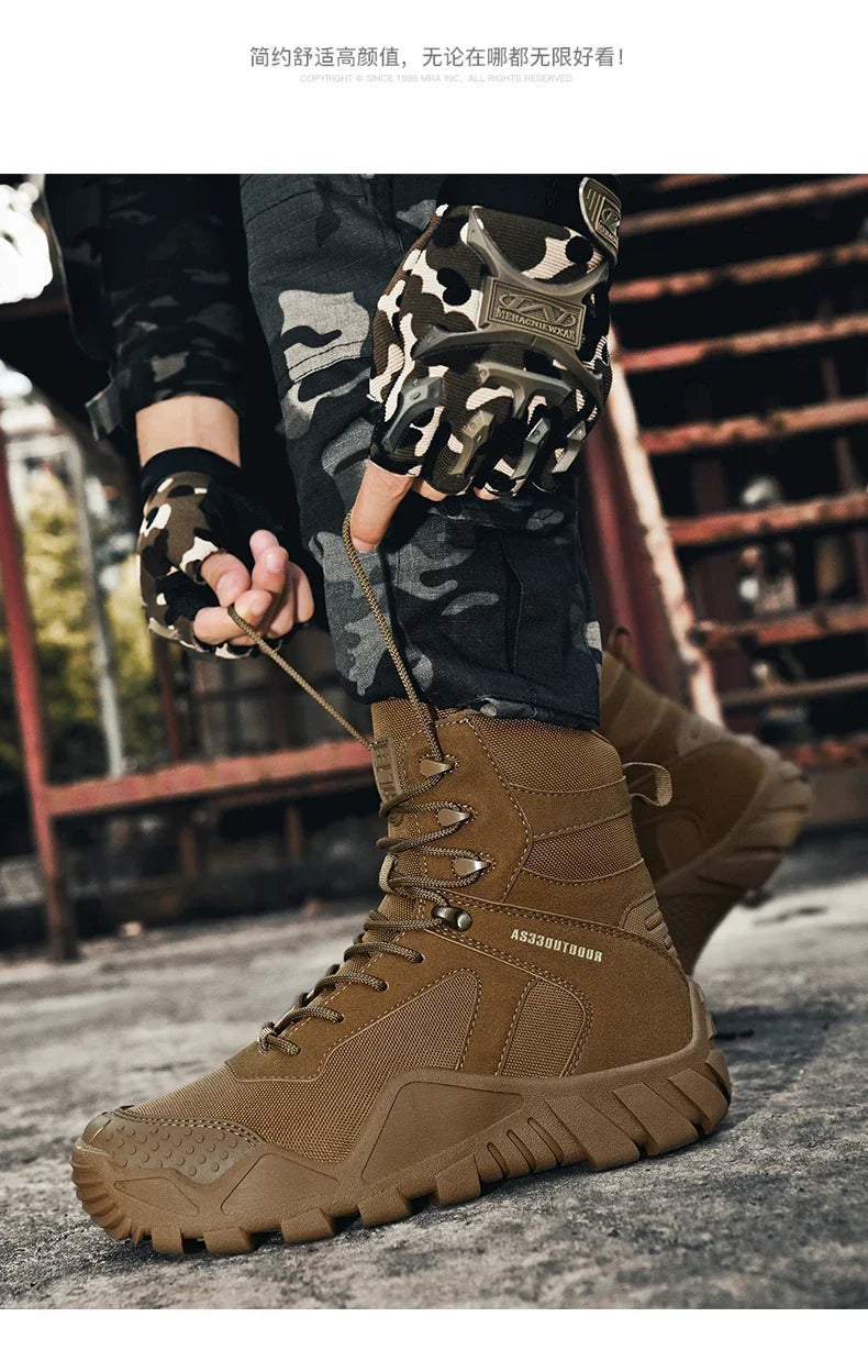 Outdoor Hiking Shoes Men Casual Combat Boots Men Breathable Wear-resistant Anti-slip Flat Comfortable High-top Boots Men