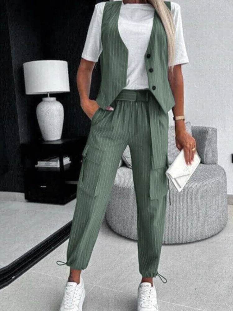 White Striped Vest Suit For Women Summer Casual V-neck Button Top Pocket Loose Pants Outfits Two-piece Suit For Women Elegant - AIAZ
