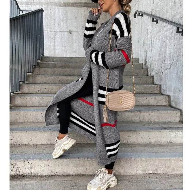 Women Sweater Spring Autumn Cardigan Coats Casual Stripes Knitted Cardigan Clothes Women Oversized Cardigan Long Sweater Coat - AIAZ