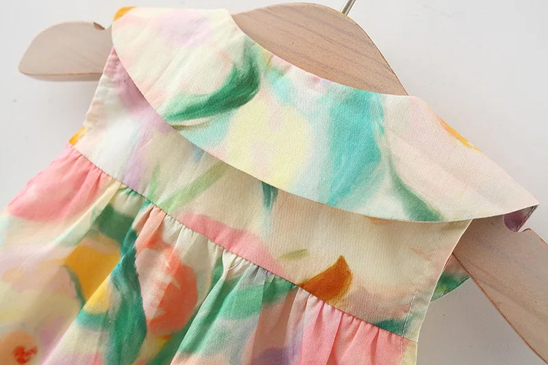 2 Pcs summer baby girl dress with sweet large flower doll collar sleeveless cotton dress paired with large flower crossbody bag