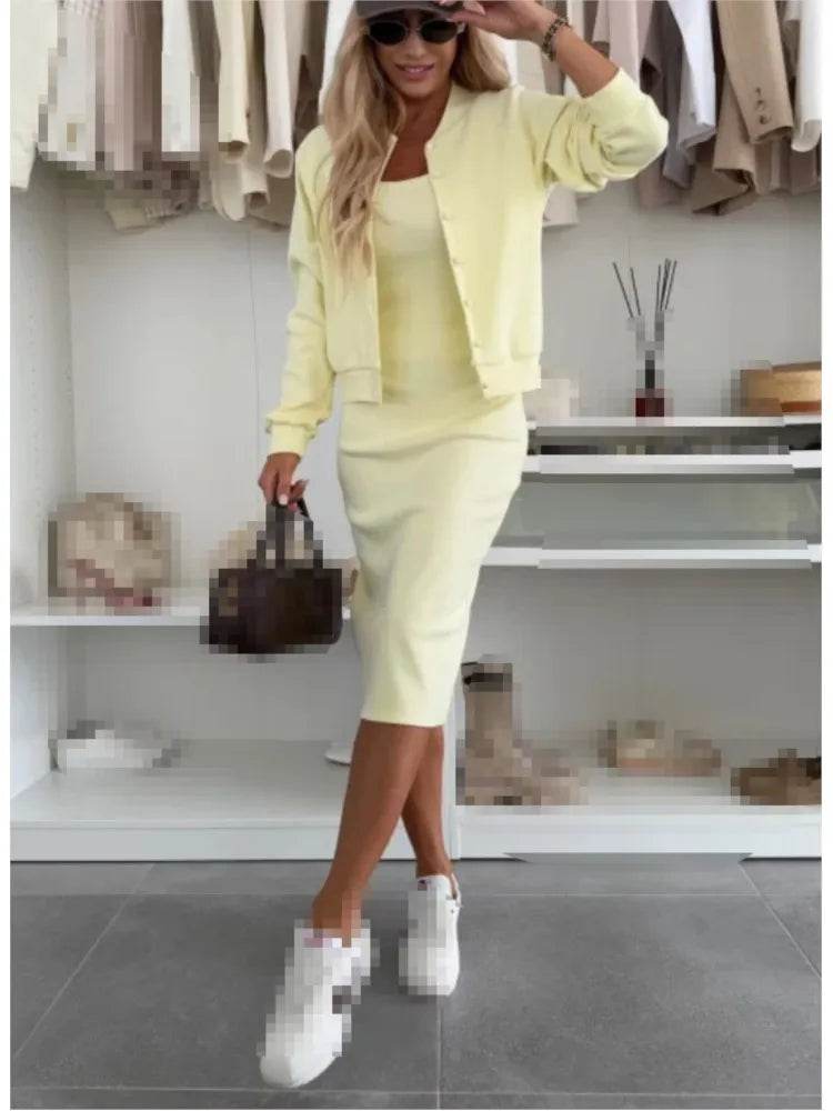 Women Fashion Solid Dress Set Spring Autumn With Cover-Up Slim 2-Piece Suit Split Hem High Waist Cardigan Ladies Set Outfit - AIAZ