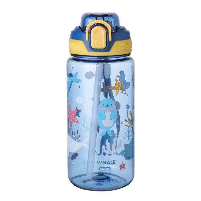 600ml Plastic Sports Water Bottles Cute Cartoon Children's Water Cup with Straw Leakproof Summer Outdoor Portable Kids Kettle - AIAZ