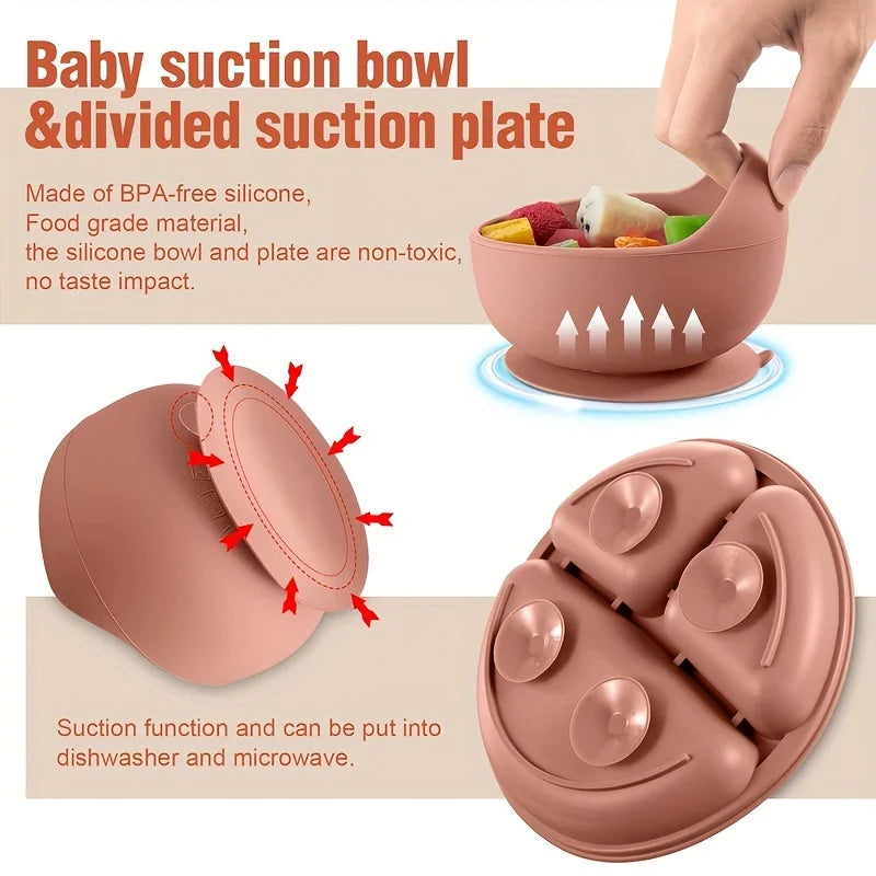 Silicone Baby Feeding Set Microwave Oven Safe for 0-3 Years Includes Suction Plate Soft Bowl Spoons Forks Bib Snack Cup