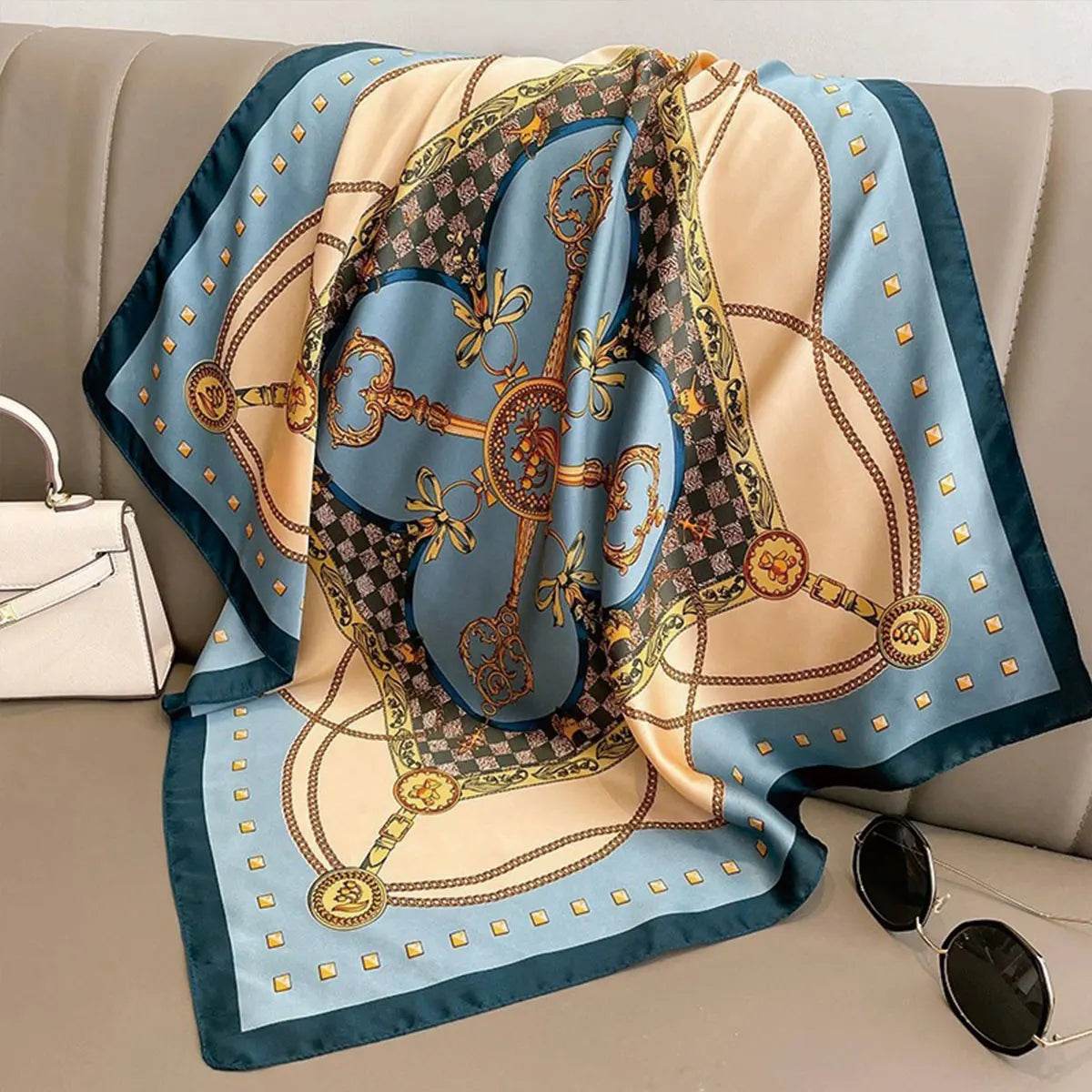70x70cm Fashionable Korean Style Silk Square Scarf Satin Print Hairband Necktie Hair Accessory Headscarf Versatile Wrap Scarf - AIAZ