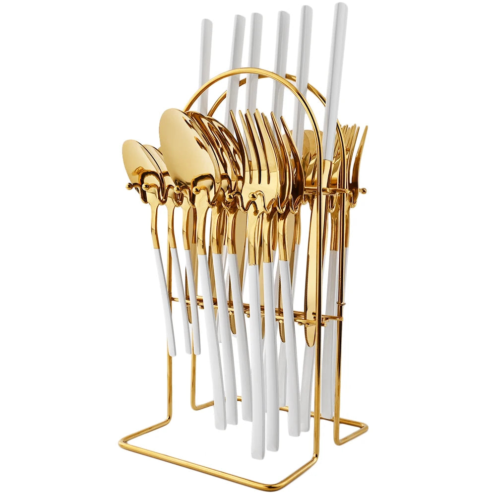 24pcs Knife Fork Spoon Dinnerware Set Rose Gold Tableware Stainless Steel Flatware Kitchen Cutlery Set with Luxury Storage Rack