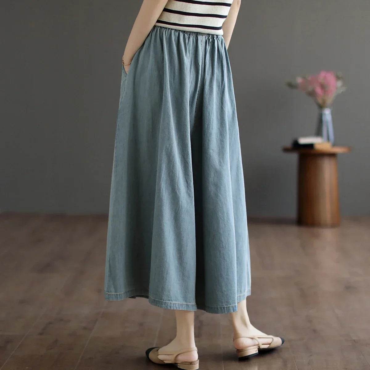 8215 Summer Trendy Wide Leg Jeans Skirts For Women New Design Straight Loose Casual Solid Color Elastic High Waist Denim Pants - AIAZ