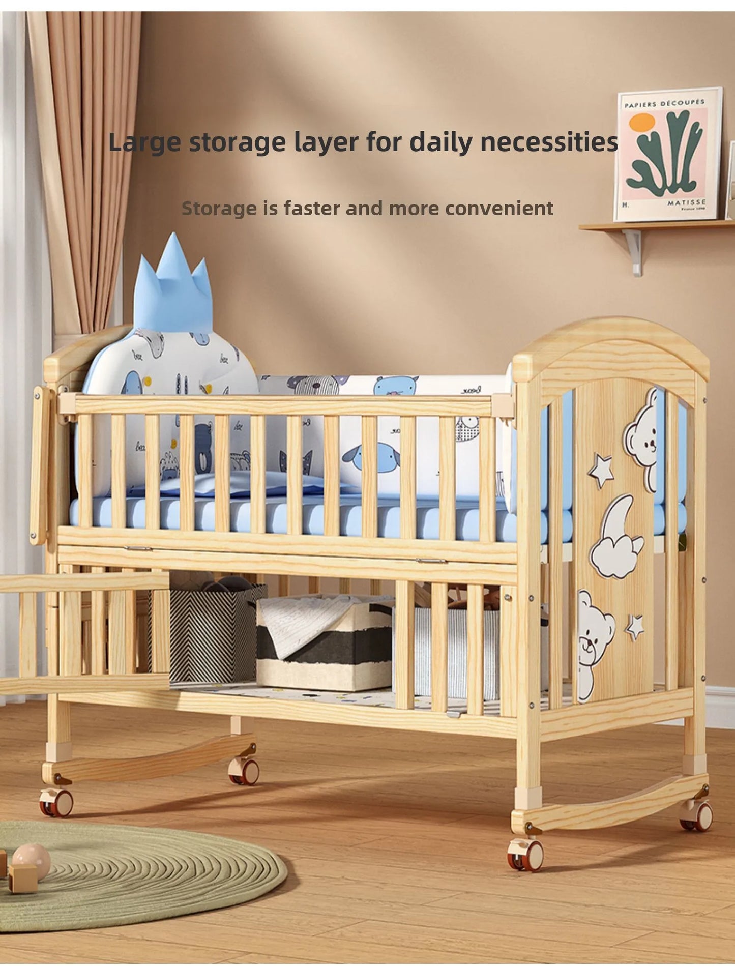 Crib Solid wood newborn baby cradle Multifunctional paint-free movable children's splicing bed air mattress 103 cm long