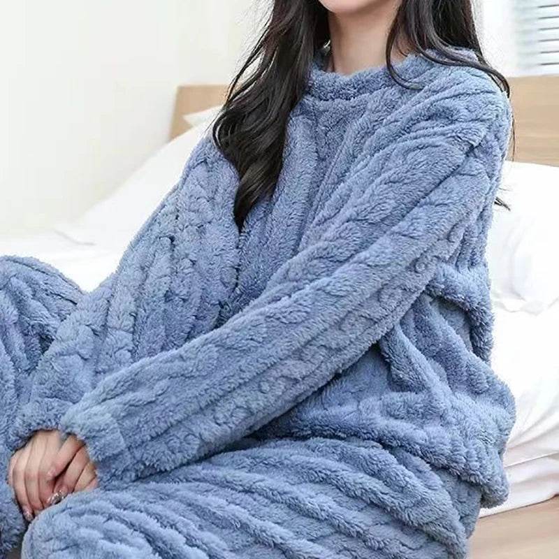 Autumn Women Solid Warm 2 Piece Sets Thicken Velvet Ribbed Fleece Set Pullover And Pants Women Casual Pajama Sets 2024 - AIAZ
