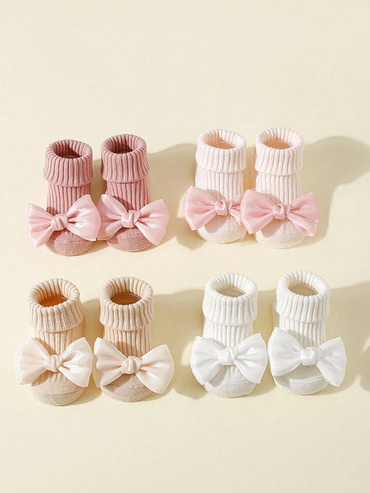 4 Pairs Toddler Socks with Bows, Soft Cotton Cute Ankle Socks for Infants Girls, Fashion Anty-Slip Newborn Baby Socks 0-24 Months